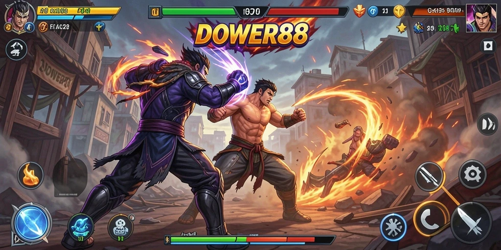 Gameplay DOWER88 dengan karakter bertarung yang epik.
