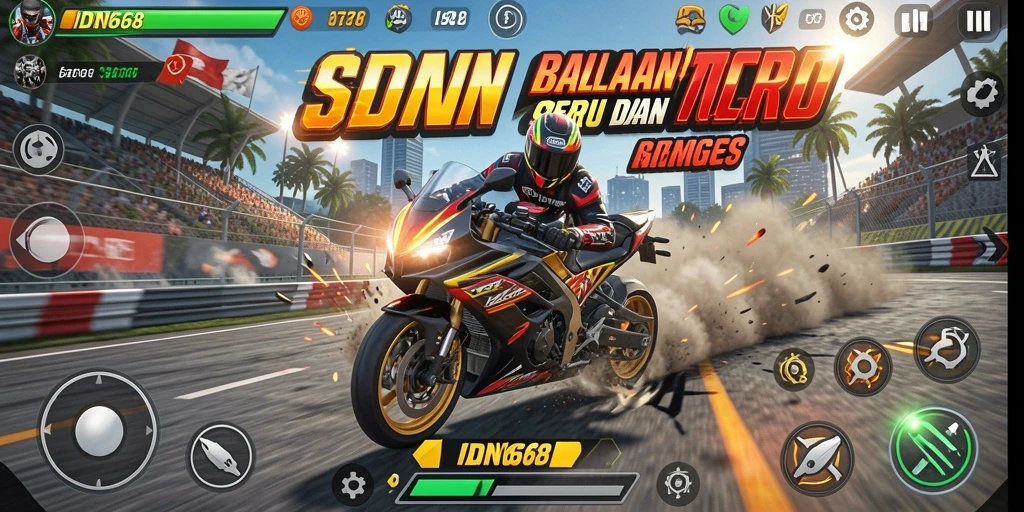 Screenshot gameplay IDN668 menampilkan momen balapan motor yang seru.