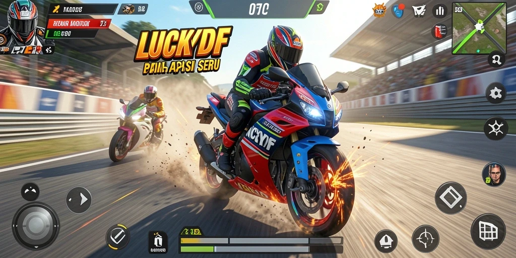 Gameplay LUCKYDF menampilkan balapan motor yang mendebarkan.