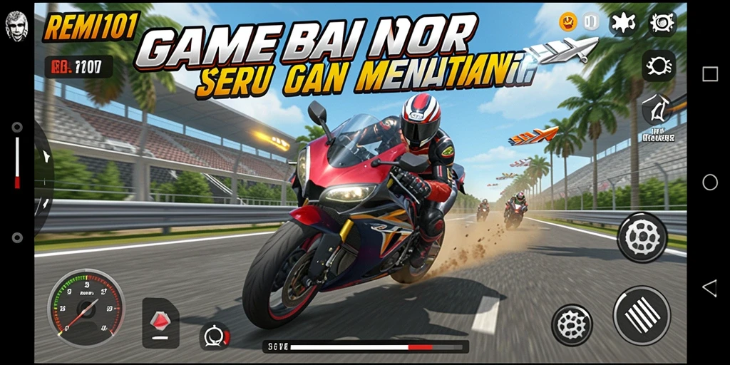 Tangkapan layar gameplay REMI101 dalam balapan motor yang menegangkan.