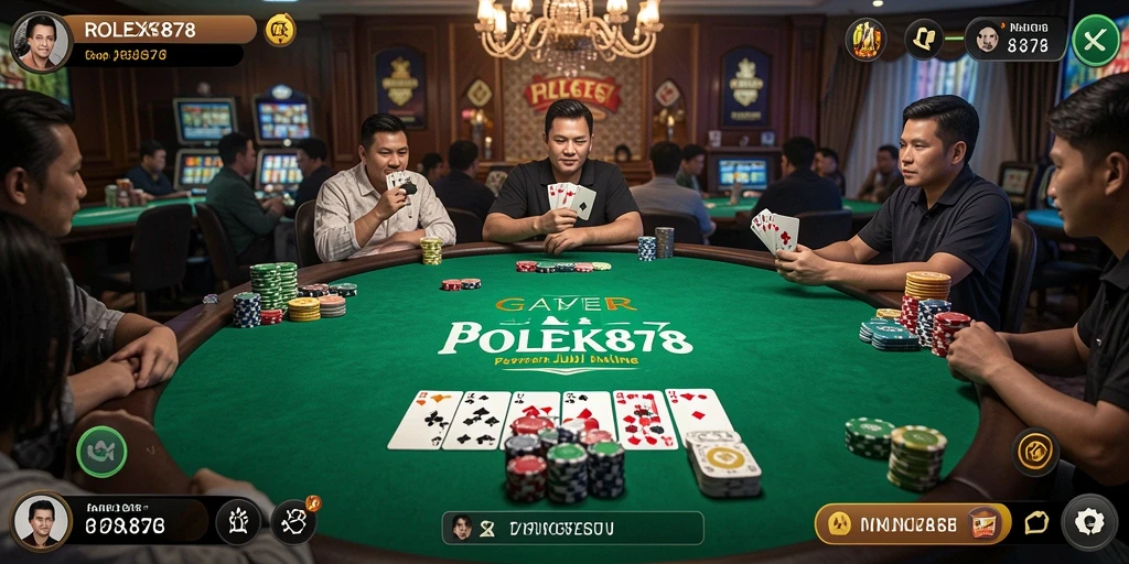 Tampilan utama gameplay ROLEX878 yang menunjukkan pemain Poker sedang beraksi.